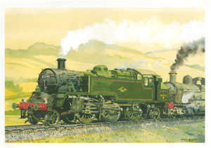What might have been: in this scene, painted by Edinburgh based railway artist Robin Barnes, an almost-new 82045 pilots a GWR 'Dukedog' on the Cambrian in the spring of 1956.